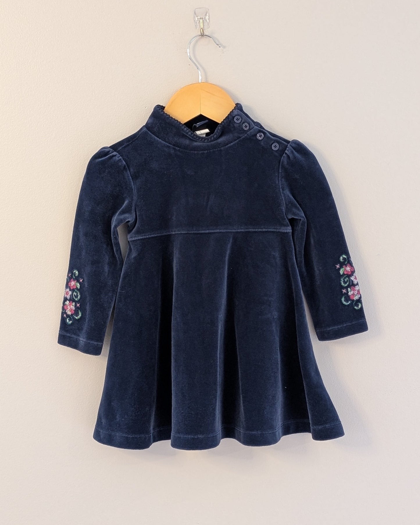 Y2K GAP Navy Velour Embroidered Floral Dress – 18–24M